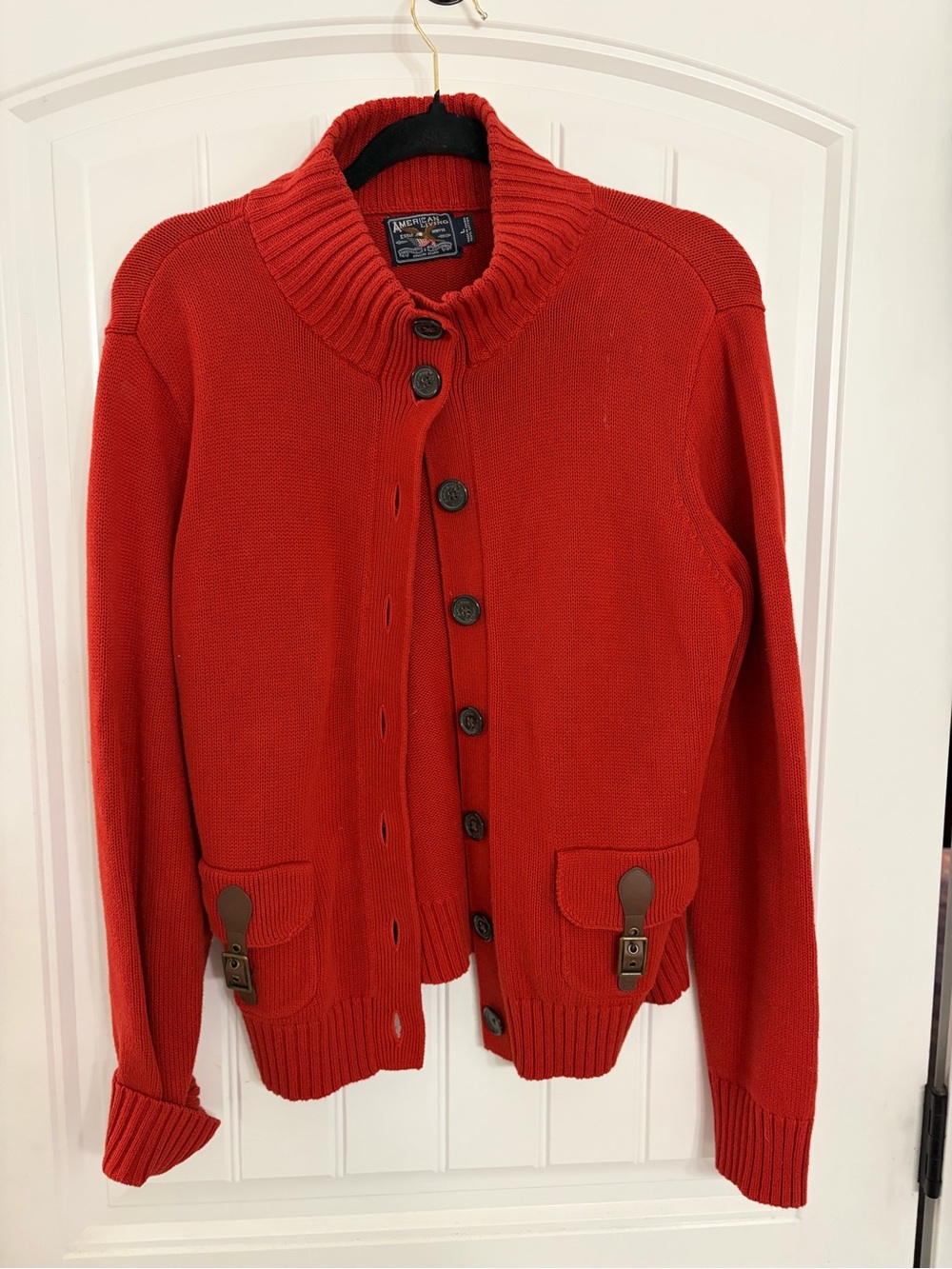 Vintage American Living Bright Red Button Cardigan with Pocket Tabs